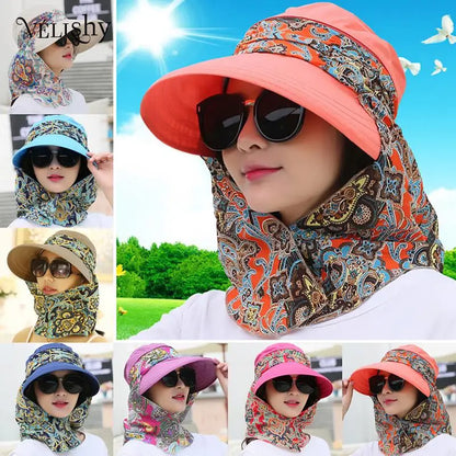 Women Anti-UV Sun Hat Beach Foldable Sunscreen Floral Print Caps Neck Face Care Wide Brim Hat New Summer Outdoor Riding