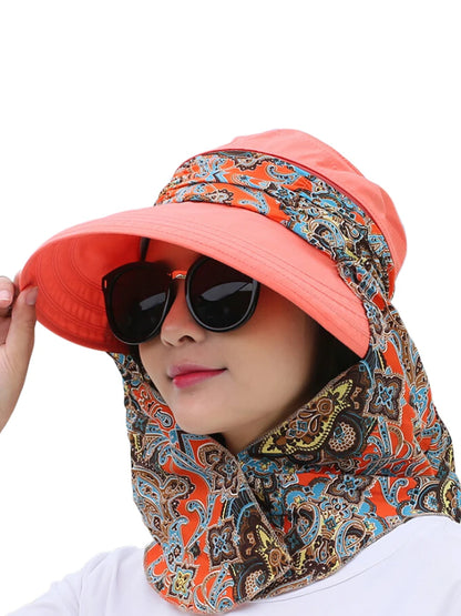 Women Anti-UV Sun Hat Beach Foldable Sunscreen Floral Print Caps Neck Face Care Wide Brim Hat New Summer Outdoor Riding