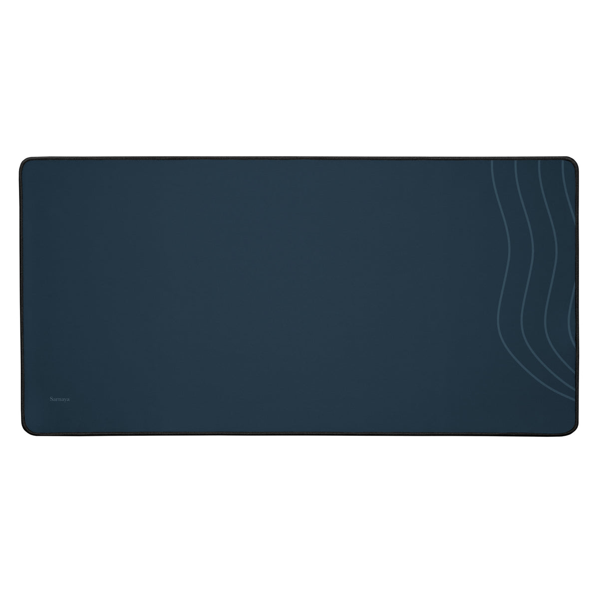 Digital mockup of the Sarnaya Contour Desk Mat in deep navy, with curved lines along the right edge and a small wordmark in the lower left.