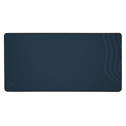 Digital mockup of the Sarnaya Contour Desk Mat in deep navy, with curved lines along the right edge and a small wordmark in the lower left.