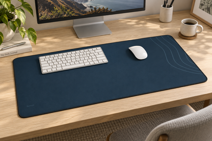AI-generated lifestyle mockup of the navy Sarnaya Contour Desk Mat with a keyboard and mouse on a light-oak desk. Accessories not included.