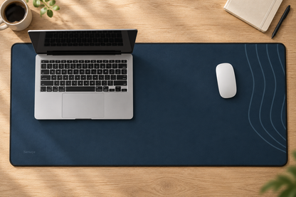 AI-generated overhead lifestyle mockup of the navy Sarnaya Contour Desk Mat with a laptop and mouse. Accessories not included.