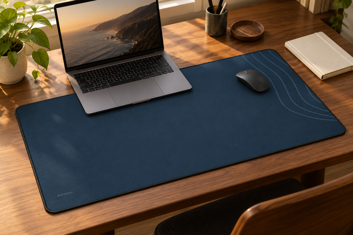 AI-generated styling illustration of the navy Contour Desk Mat on a walnut desk with a laptop and mouse. Accessories are not included.