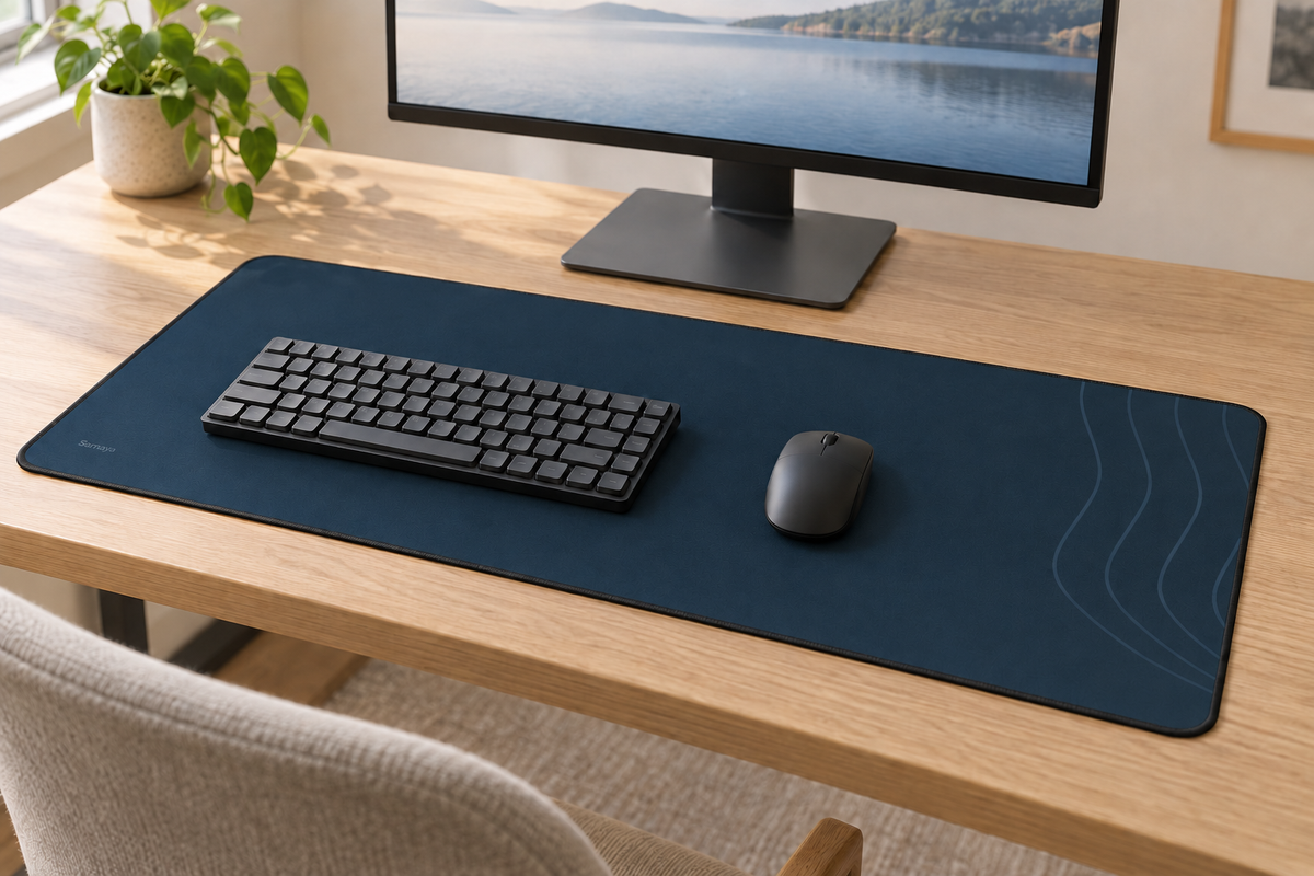 AI-generated workspace illustration: the navy Contour Desk Mat beneath a keyboard and mouse on a wooden desk.